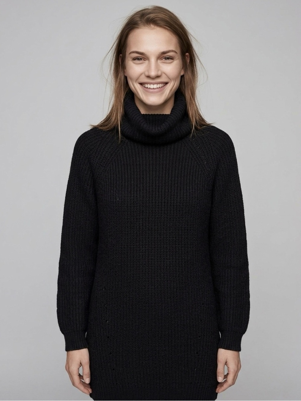 Pink Lily Minimalist Black Turtleneck Chunky Knit Sweater Dress